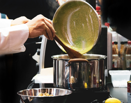 Chef preparing food, meal, in the kitchen, chef cooking, Chef decorating dish, closeup