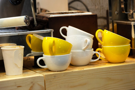 Barista working in a coffee shop, Close up of barista presses ground coffee using tamper, Barista Make Coffee Portafilter Conceptの写真素材