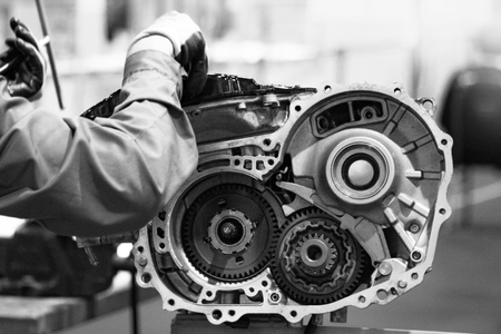 Repair of the engine, Automobile service, monochromeの写真素材