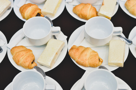 Coffee drinks catering, Hot Coffee Served with Bread, Coffee break at conference meeting for seminarの写真素材