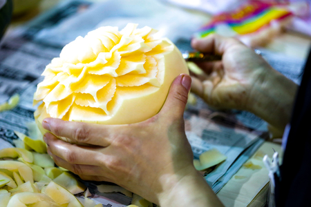 Thai fruit carving with hand, Vegetable and Fruit Carvingの写真素材