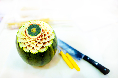 Thai fruit carving with hand, Vegetable and Fruit Carvingの写真素材