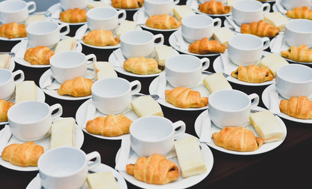 Coffee drinks catering, Hot Coffee Served with Bread, Coffee break at conference meeting for seminarの写真素材