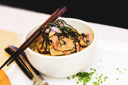 Spicy pork with rice Japanese style, Japanese-style rice, Japanese foodの写真素材