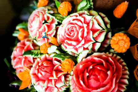 Thai fruit carving with hand, Vegetable and Fruit Carvingの写真素材