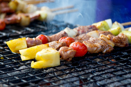 Grilled pork barbecue delicious in street food, Barbecue on the grillの写真素材