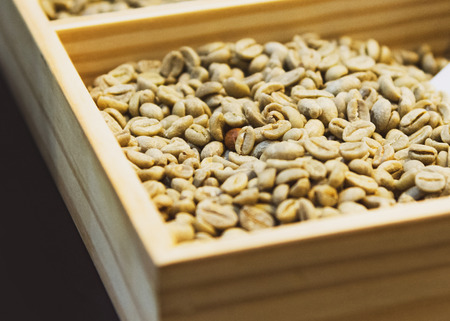 Raw coffee seeds, Coffee beans in a wood box close-upの写真素材