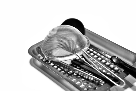 Kitchen utensils black and white background , Kitchen toolsの写真素材