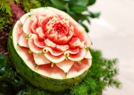 Fruit and vegetable carvings, Display thai fruit carving decorationの写真素材