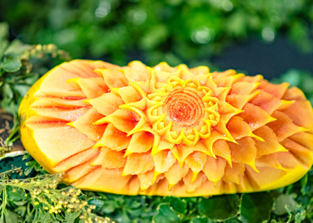 Fruit and vegetable carvings, Display thai fruit carving decorationの写真素材