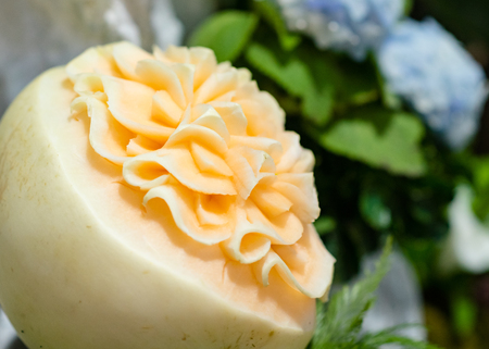 Fruit and vegetable carvings, Display thai fruit carving decorationの写真素材