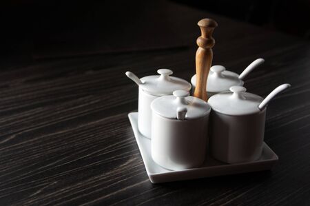 Garnish set for noodle Thai Food, chilly sugar fish sauce on the table  in restaurant