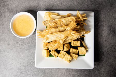 fried sliced taro and Deep Fried Tofu with spicy sweet sauceの写真素材