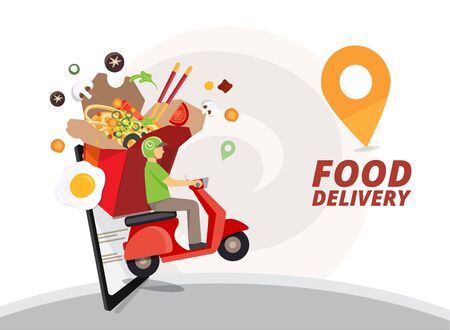 Food delivery service, Fast food delivery, Scooter delivery service , Vector illustration のイラスト素材