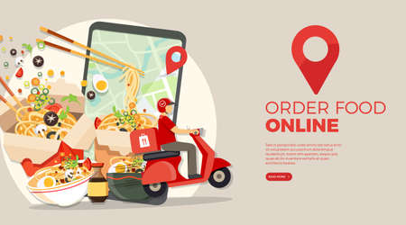 Food delivery service, Fast food delivery, Scooter delivery service , Vector illustrationのイラスト素材