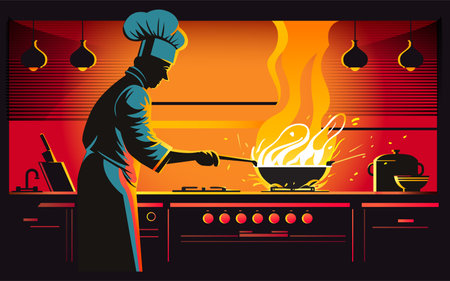 Chef preparing food, meal, in the kitchen, chef cooking,  chef at work, vector illustrationのイラスト素材
