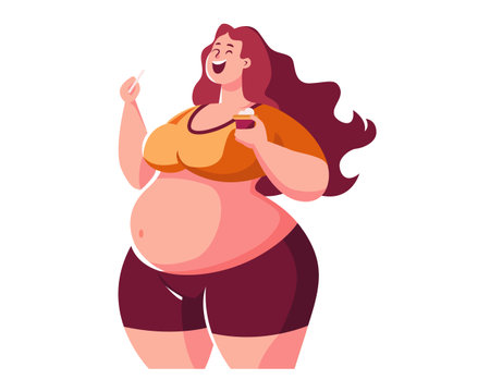 Fat woman cartoon character with big belly. Fat woman with big belly. Vector illustrationのイラスト素材
