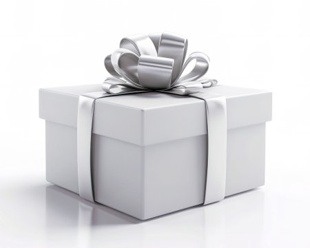 White gift box with silver ribbon on white background. 3d renderの写真素材
