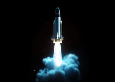 Rocket flying high in the sky. 3d illustration. Space travel concept.の素材