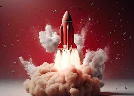 Rocket takes off from the dark red background. 3D rendering.の素材