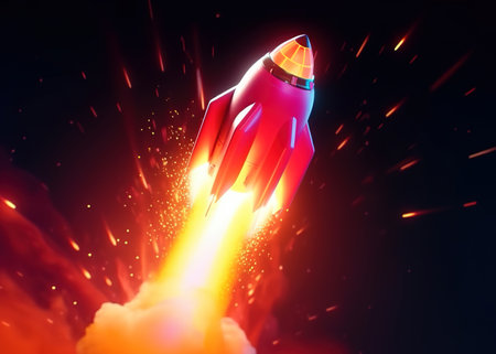Rocket launch into space. This is a 3d render illustration.の素材