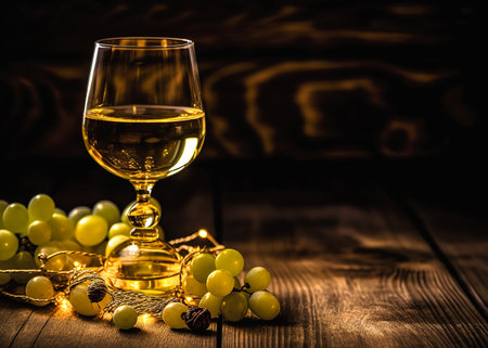 Glass of white wine with grapes on wooden background. Toned.の写真素材