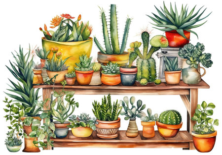 Watercolor illustration of a shelf with succulents and cactusesの写真素材