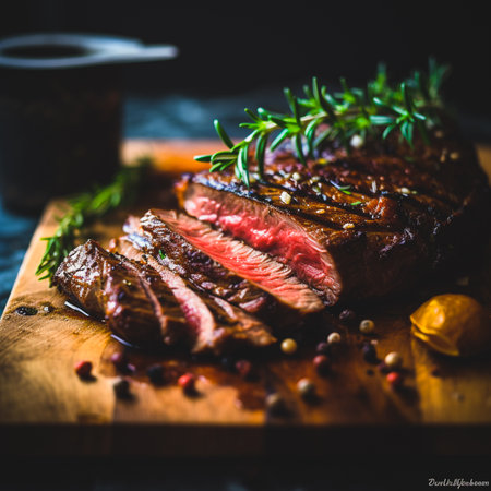 Grilled beef steak with rosemary and peppercorns on wooden boardの写真素材