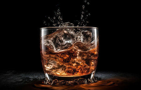 Whiskey with ice in a glass with splash on black backgroundの素材