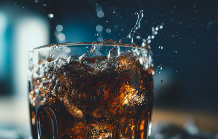 Glass of cola with ice cubes and splashes on dark backgroundの素材