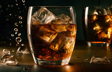 whiskey with ice on a dark background, close-upの素材