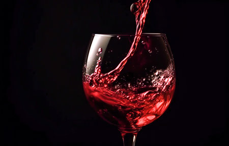 red wine splashing out of a glass, isolated on black backgroundの素材