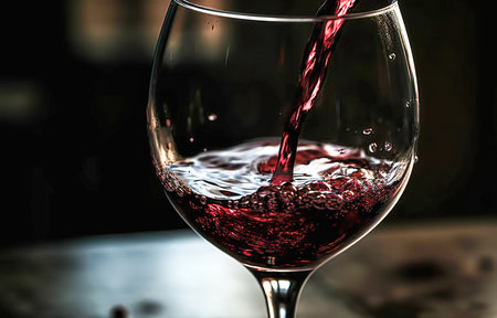 red wine splashing out of a wine glass on a dark backgroundの素材