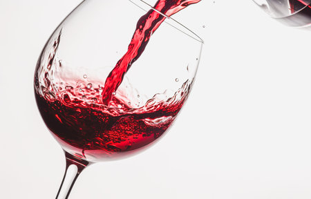 red wine splashing out of a glass, isolated on white backgroundの素材