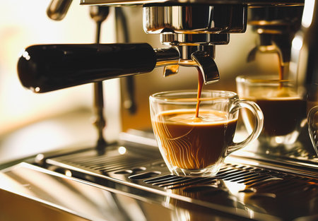 Coffee machine making espresso in a coffee shop, close upの素材