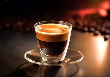 Coffee in a glass cup on a dark background with coffee beansの素材