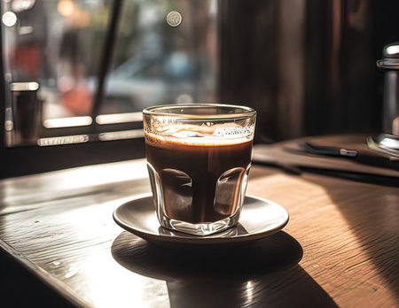 Coffee in a glass cup on wooden table in coffee shopの素材