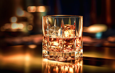 Glass of whiskey with ice cubes on a black background. 3d renderingの素材