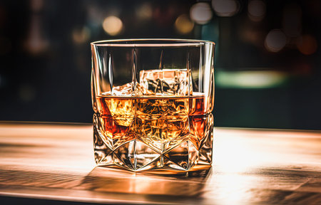 Whiskey on the rocks in a glass with ice cubes on a bar counterの素材