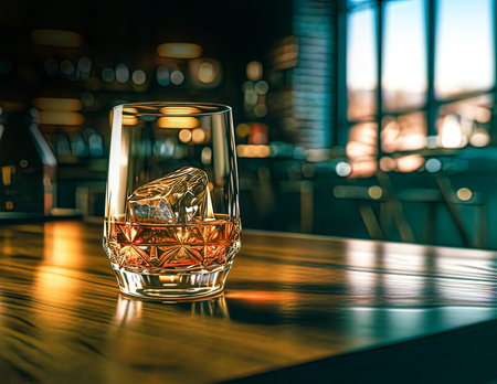 Glass of whiskey with ice cubes on a bar counter in a pubの素材