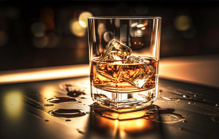 Glass of whiskey with ice cubes on the bar counter, close-upの素材