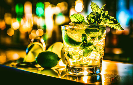 Mojito cocktail on bar counter, cocktail drink with lime and mintの素材