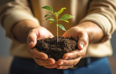 Hands holding young plant with soil on blurred background, closeupの素材