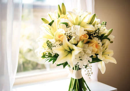 Wedding bouquet of white and yellow lilies on the window sillの素材