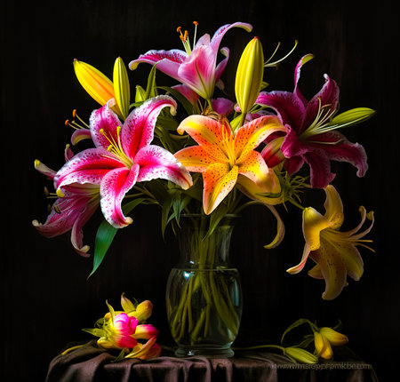 Bouquet of lilies in a vase on a dark backgroundの素材