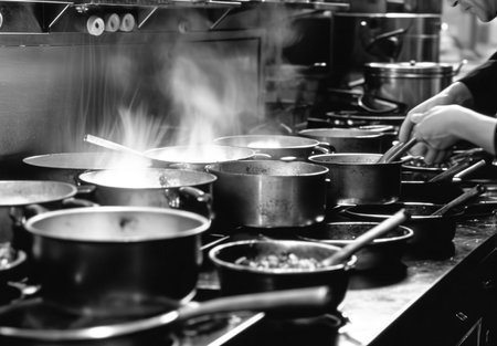 Chef preparing food in a restaurant kitchen, black and white photoの素材