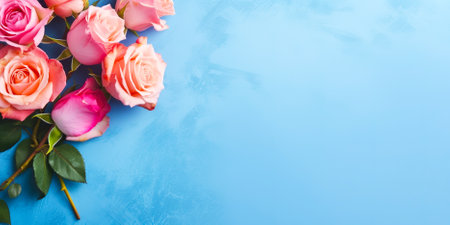 Pink and pink roses on blue background. Top view with copy spaceの素材