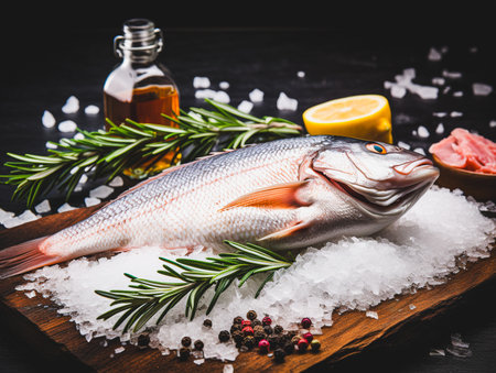 Fresh raw seabass fish with lemon, rosemary and spices on wooden cutting boardの素材