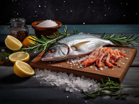 Fresh raw seabass fish with lemon, rosemary and spices on wooden cutting boardの素材