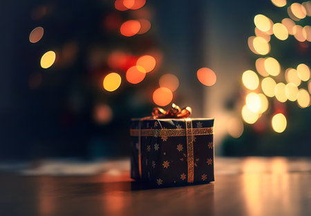 Gift box with bokeh lights on background. Christmas and New Year holidays concept.の素材
